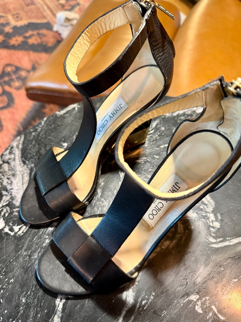 Authentic Jimmy Choo Black Leather T-Strap Sandals - Gold Mirror Wedge
